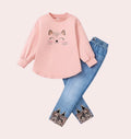 Girls Pink Cartoon Top & Denim Pants Set - 2-Piece Spring  Outfit