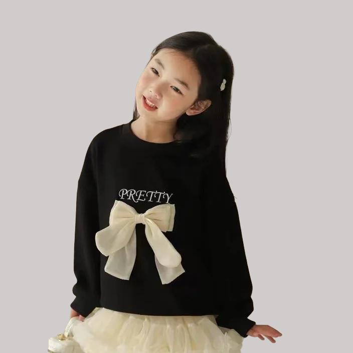 Girls' Bow Long Sleeve Round Neck T-Shirt - Kidnor