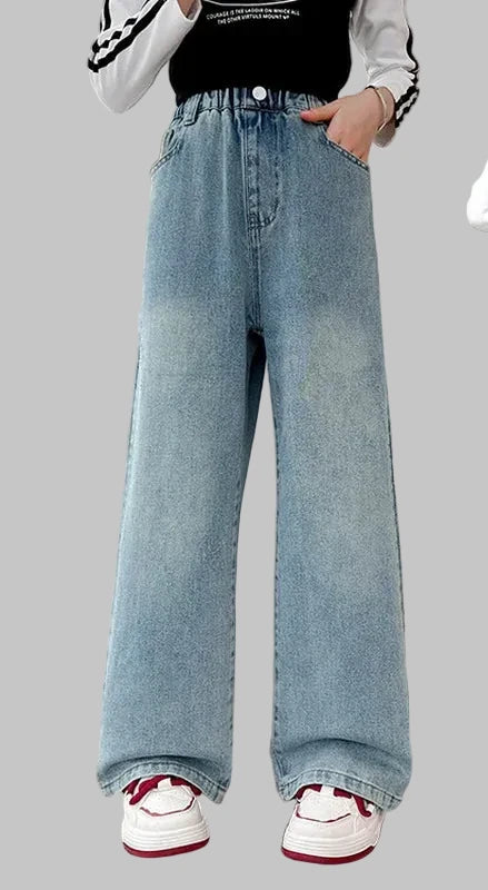 Teen Girls Ripped Jeans - Wide Leg Streetwear Denim