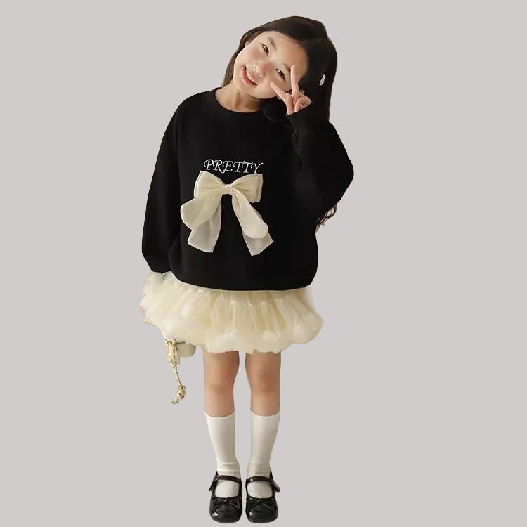 Girls' Bow Long Sleeve Round Neck T-Shirt - Kidnor
