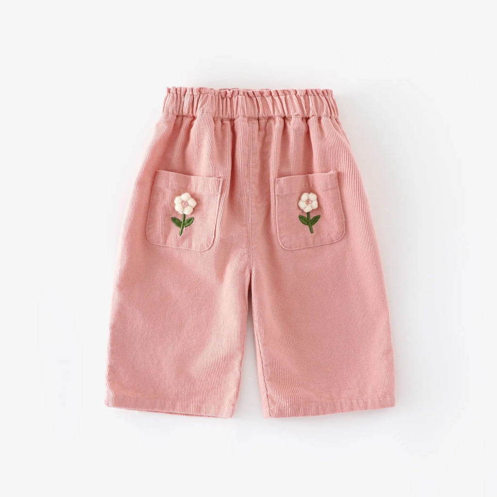 Corduroy Flower Embroidery Pants - Kidnor