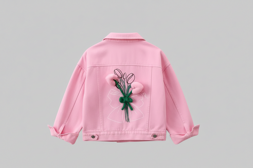 3D Flower Pink Denim Jacket - Kidnor