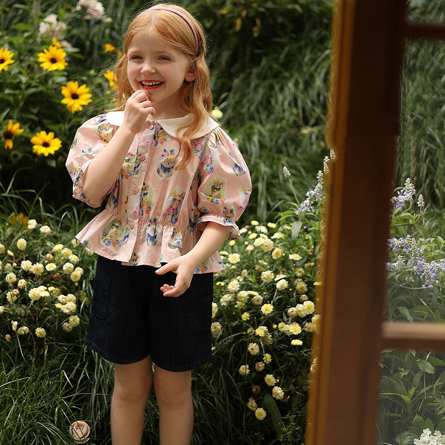 Girls' White Lapel Floral Doll Shirt
