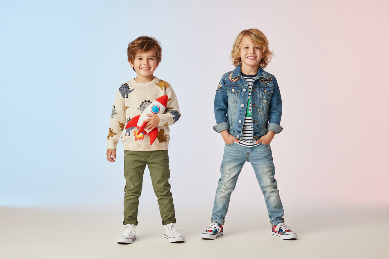 Băieți prezentând haine pentru copii