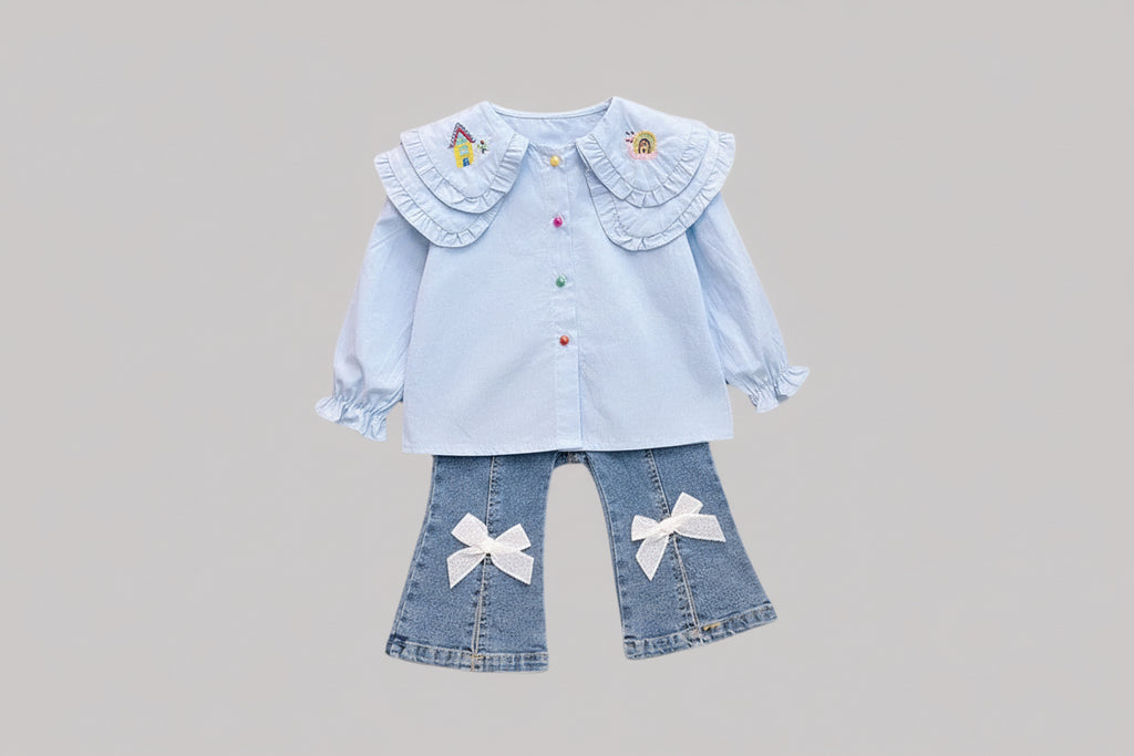 Cute Embroidered Collar Shirt And Denim Jeans Two-Piece Set For Girls