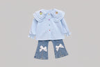 Cute Embroidered Collar Shirt And Denim Jeans Two-Piece Set For Girls