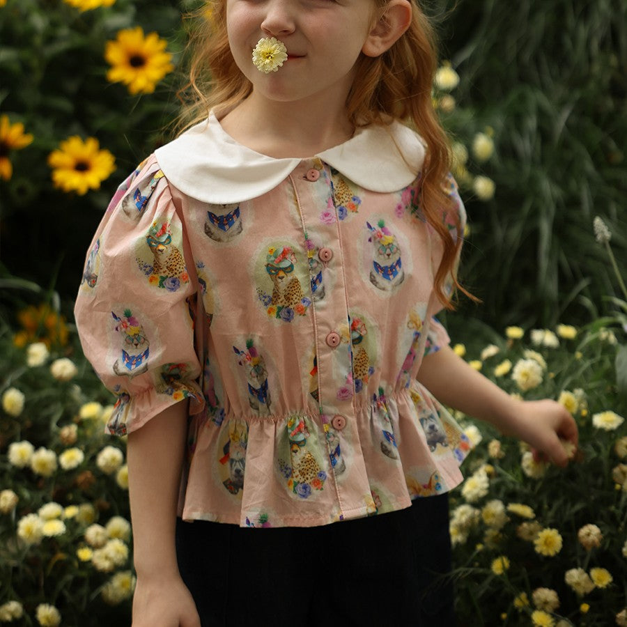 Girls' White Lapel Floral Doll Shirt