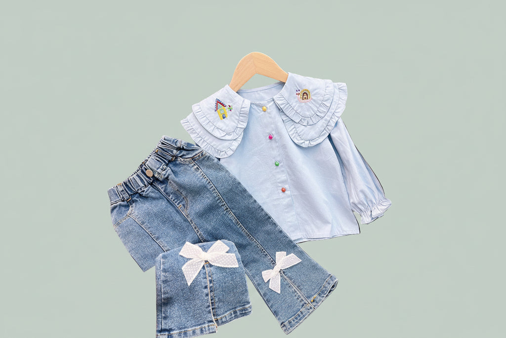 Cute Embroidered Collar Shirt And Denim Jeans Two-Piece Set For Girls