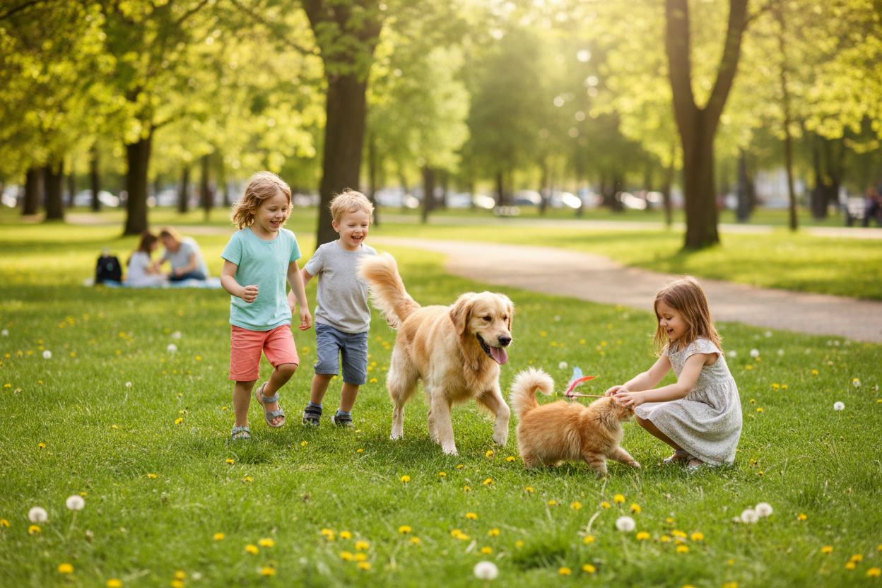 Copii care se joacă cu pisica și câinele în parc 