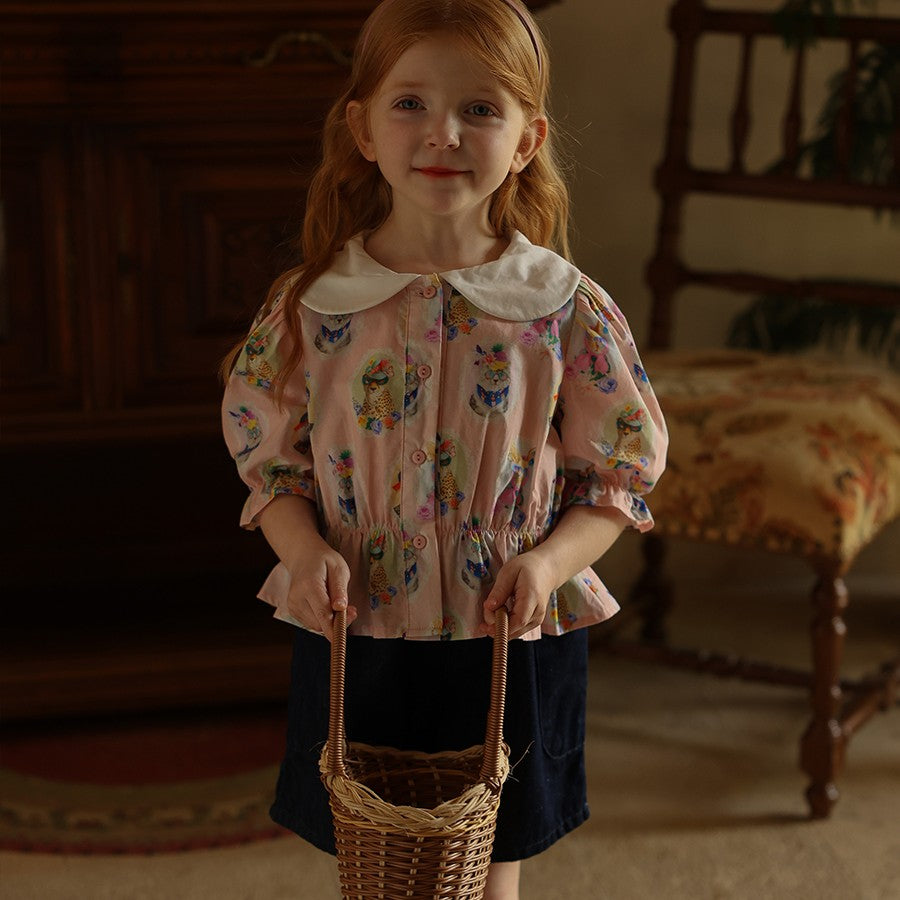 Girls' White Lapel Floral Doll Shirt