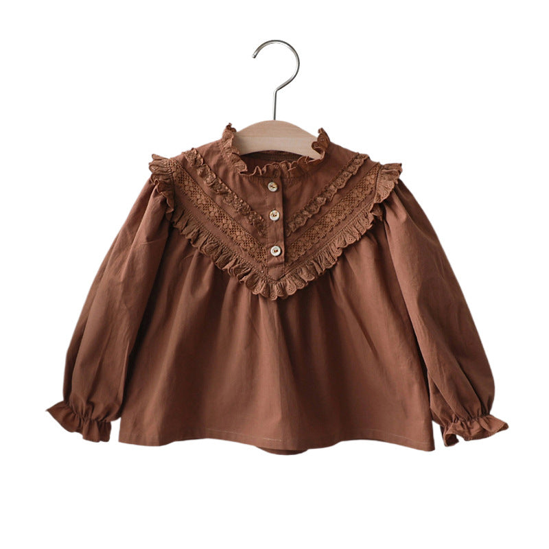Spring Girls' Lace Collar Lace Retro Puff Sleeve Princess Shirt