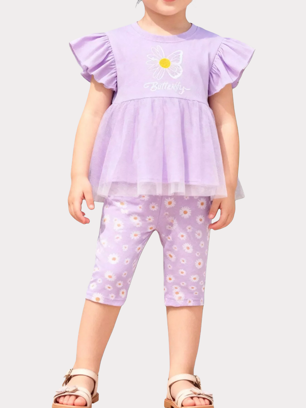 Butterfly Ruffle Sleeve Top & Daisy Print Leggings Set - Kidnor